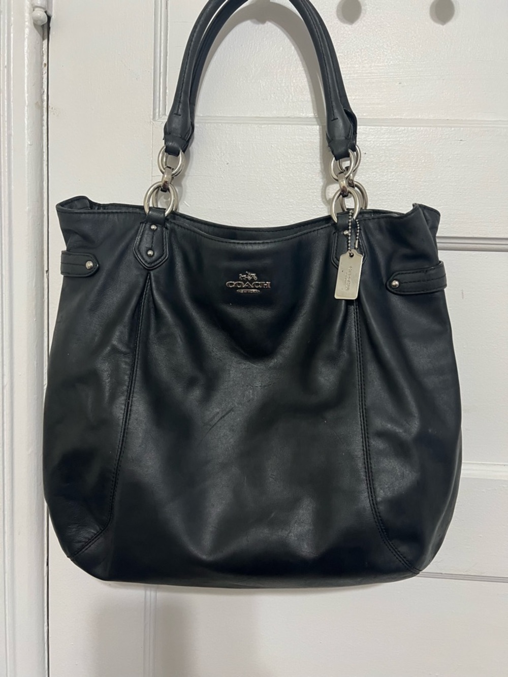 Coach Black Leather Tote with Silver-Tone Hardware